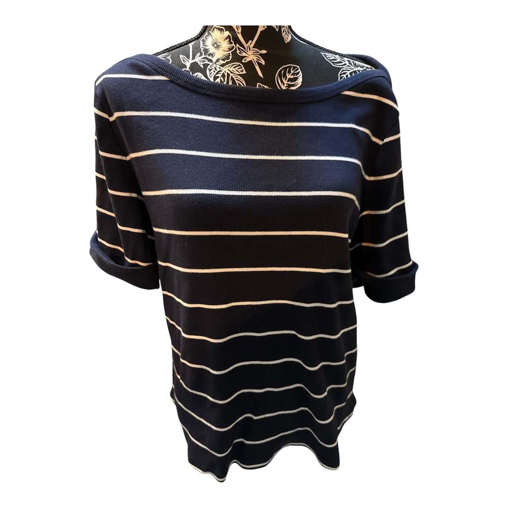Talbots Plus Women's Navy and White Striped Short Sleeve Ribbed Knit Top Size 1X